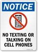 No Texting Or Talking On Cell Phones Sign